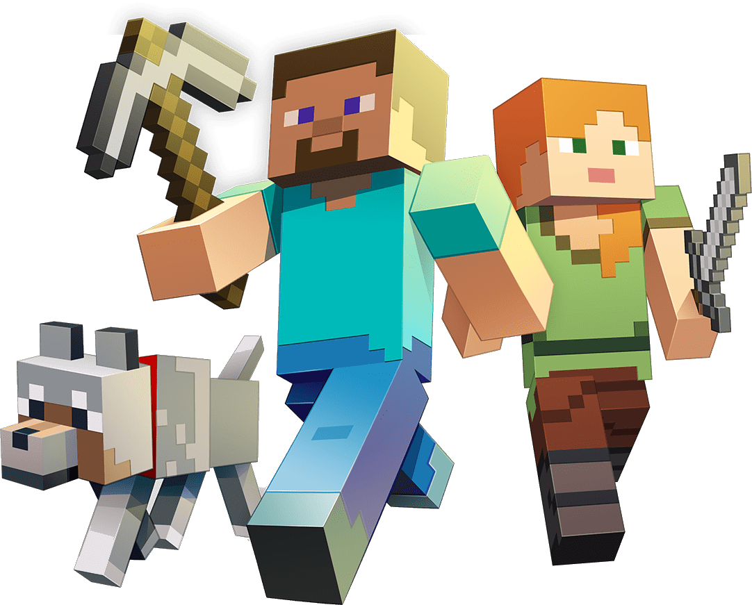 Minecraft Steve and Alex with a wolf
