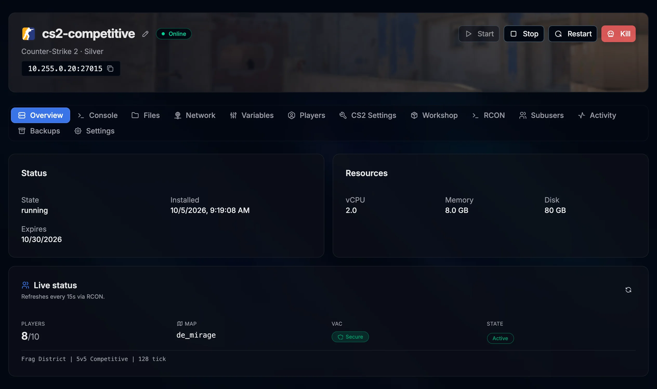 Overview of a Counter-Strike 2 server in the PlaySafe panel: online status, resources and a live status card with 8 of 10 players on de_mirage, VAC secure
