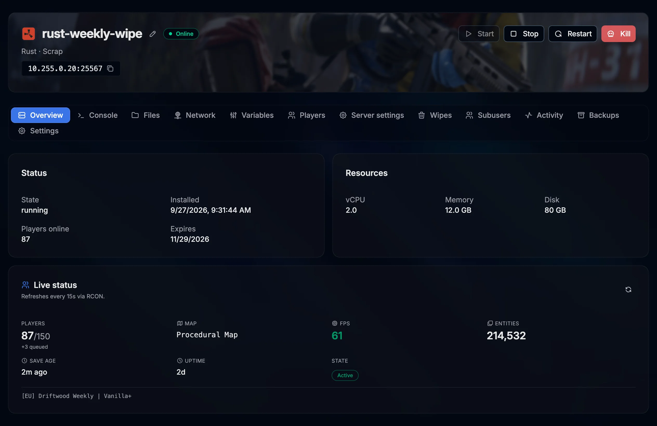 Overview of a Rust server in the PlaySafe panel: power controls, plan resources and the live status card with 87 of 150 players, the map, server FPS, entities and save age