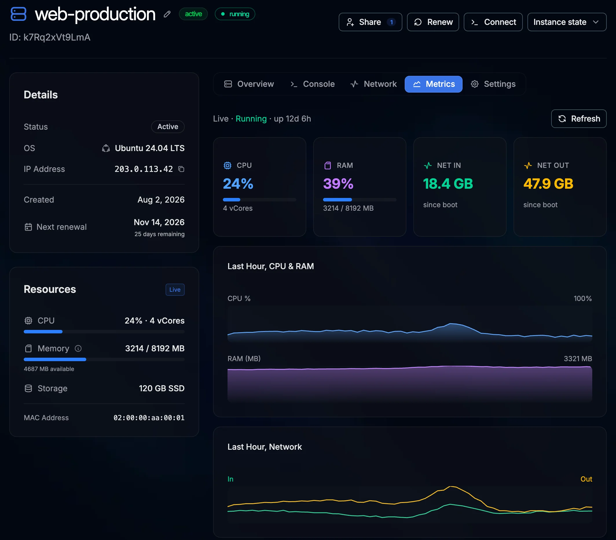 The Metrics tab of a VPS in the PlaySafe panel: live CPU, RAM and network usage with charts of the last hour