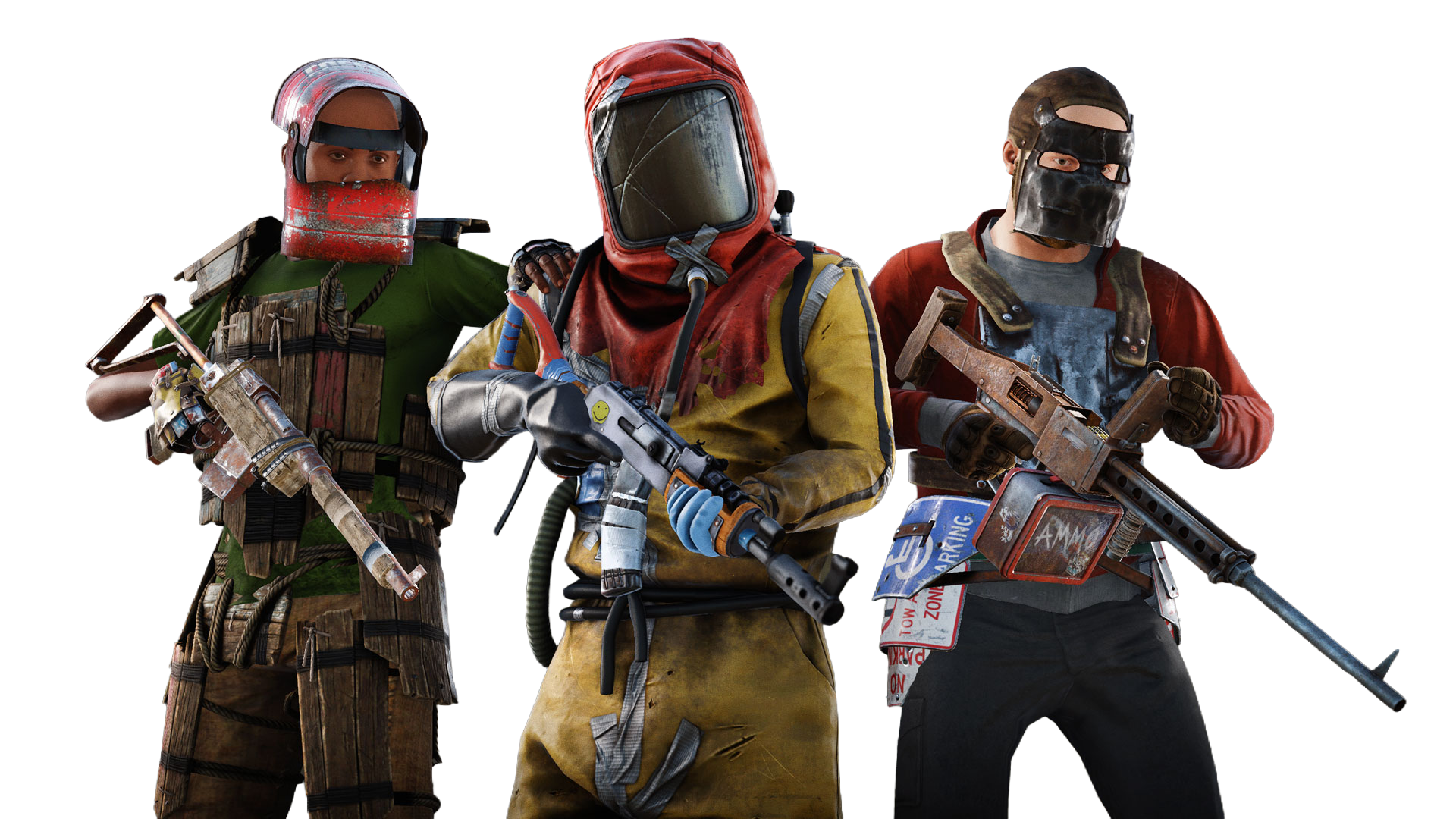 Three Rust survivors geared up with weapons