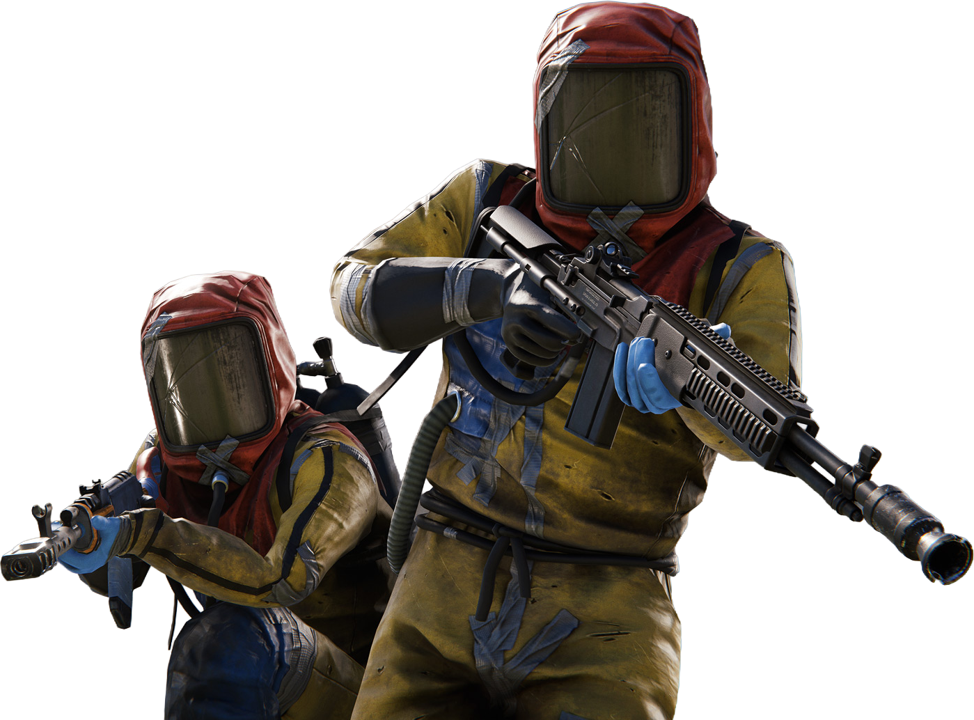 Two Rust survivors in hazmat suits holding rifles